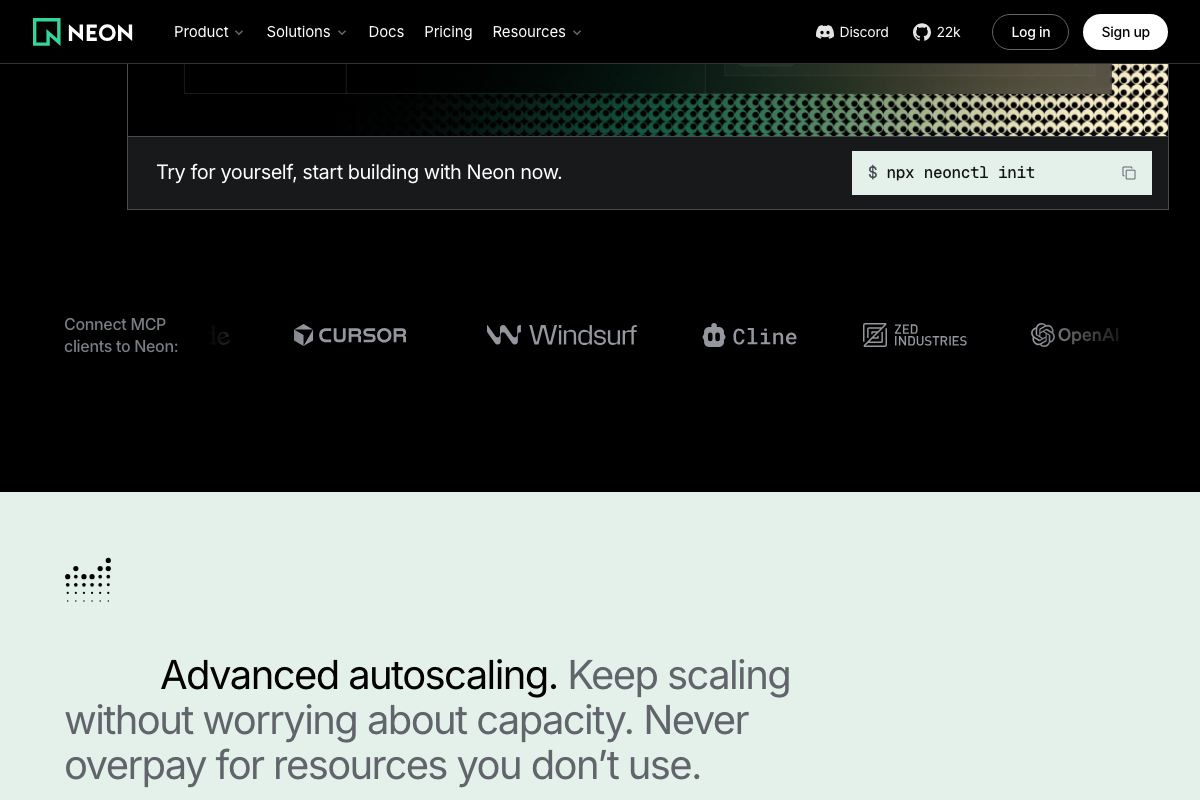Neon homepage showing the `npx neonctl init` CLI command and MCP client integration options