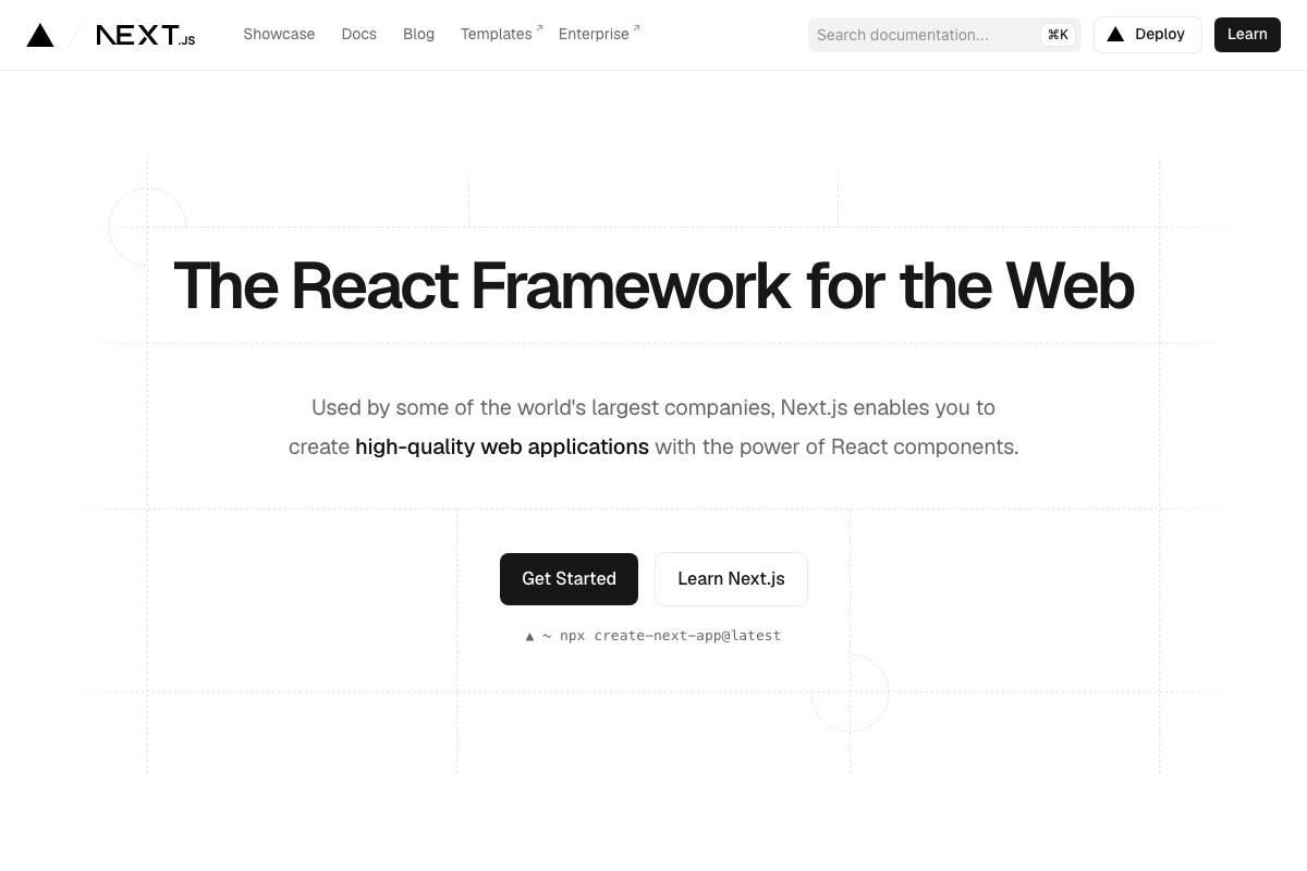 Next.js homepage confirming `npx create-next-app@latest` as the official project bootstrap command