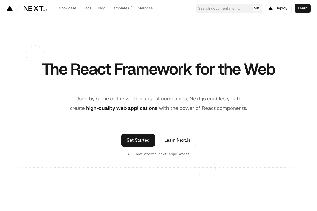 Next.js official homepage — 'The React Framework for the Web,' not a static site generator