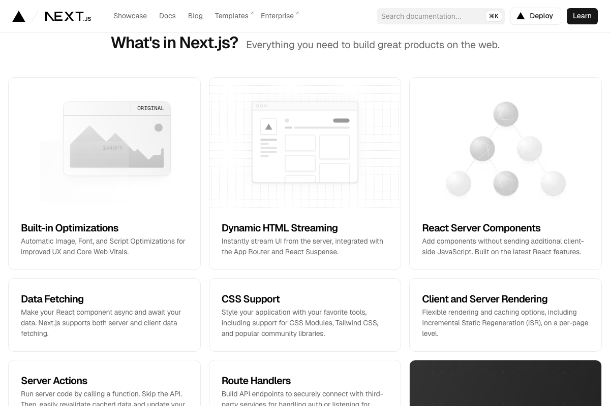 Next.js feature overview — React Server Components and Dynamic HTML Streaming require a server runtime