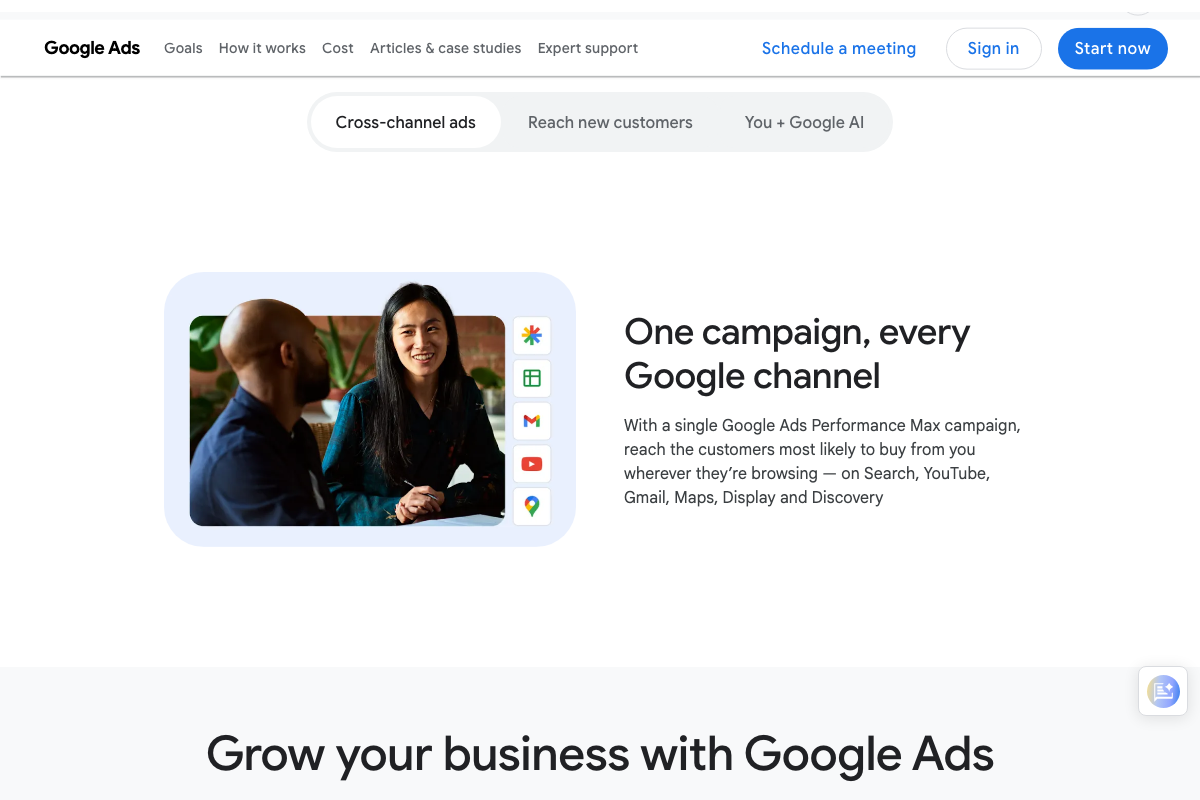 Performance Max channel list — Search, YouTube, Gmail, Maps, Display, and Discovery confirmed. AI Overviews and AI Mode not listed by name.