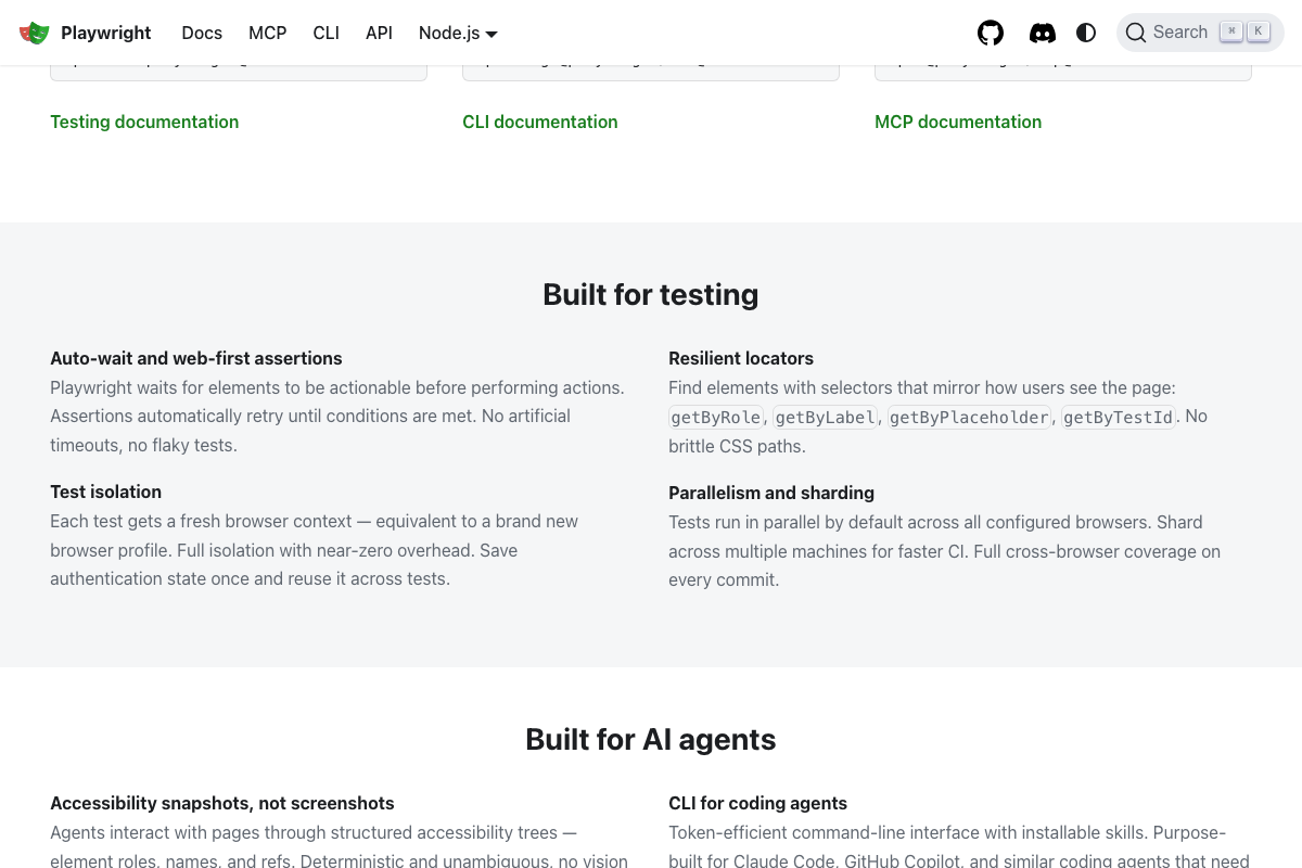 Playwright 'Built for AI agents' section confirming accessibility-snapshot-based interaction and installable skills purpose-built for Claude Code