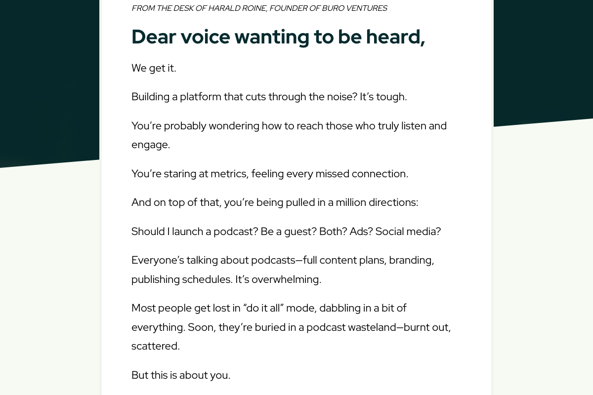 PodcastMatcher founder letter from Harald Roine of Buro Ventures, framing the platform as a focused guest-booking solution.