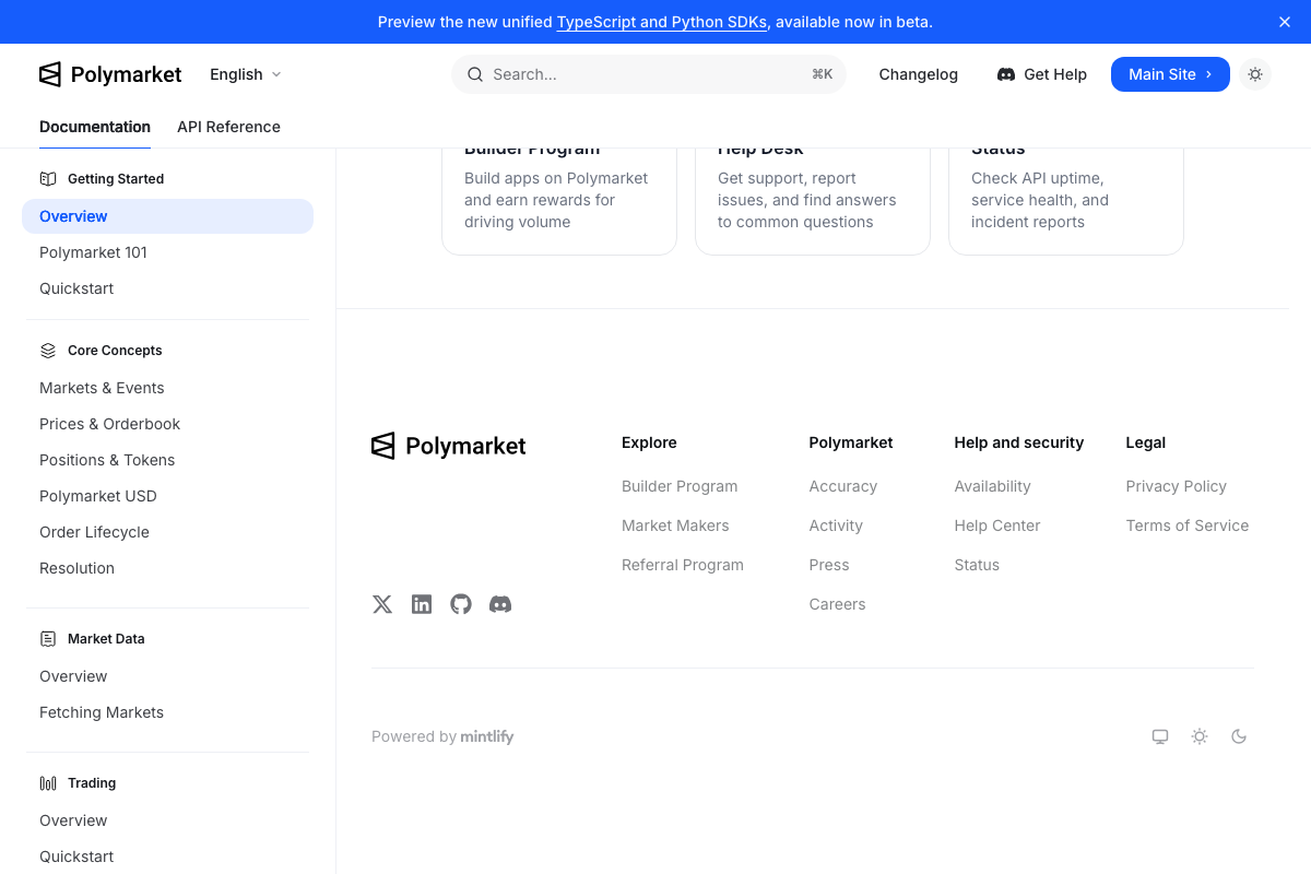 Polymarket documentation footer showing the API Status monitoring link, Builder Program, and Help Center.