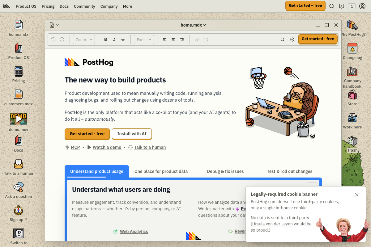 PostHog homepage showing its full Product OS suite including user behavior tracking, feature flags, and A/B testing.