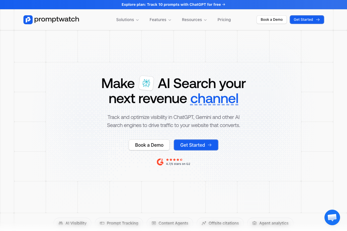 Promptwatch homepage — a third-party AI search visibility and citation tracking platform not referenced in the tutorial