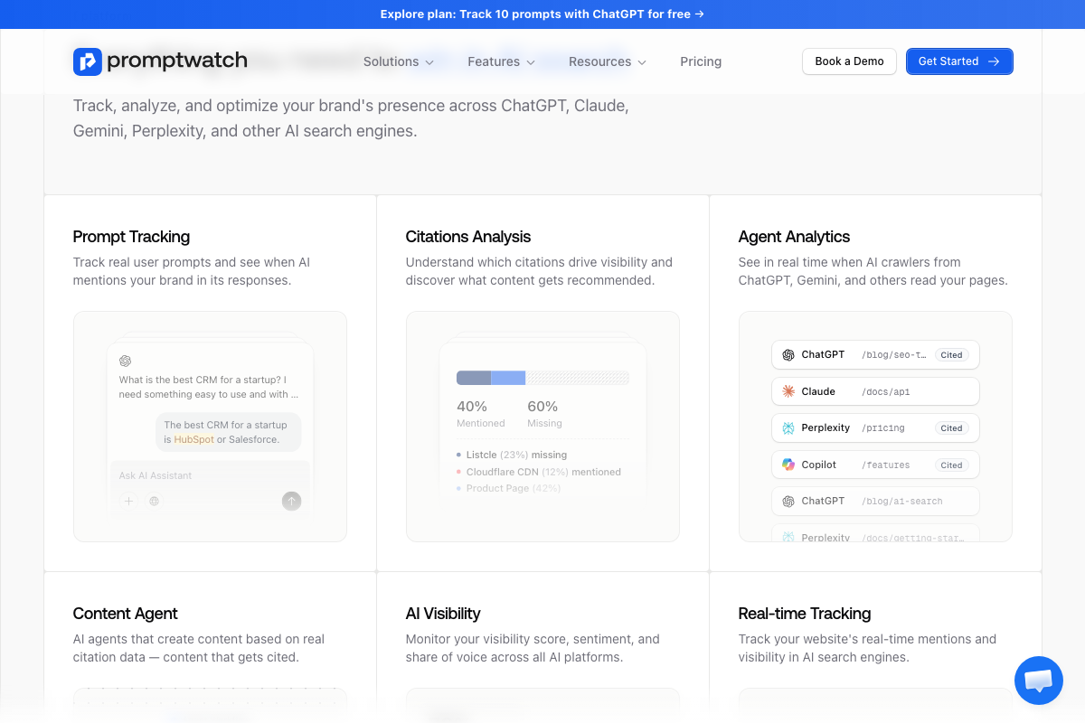 Promptwatch feature overview showing Citations Analysis (40% Mentioned / 60% Missing), Prompt Tracking, and Agent Analytics