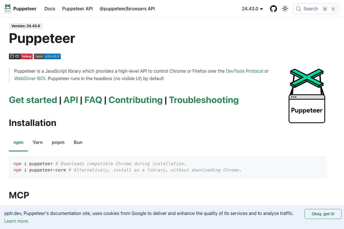 Puppeteer v24.43.0 homepage — MCP section confirms the integration mechanism the video describes
