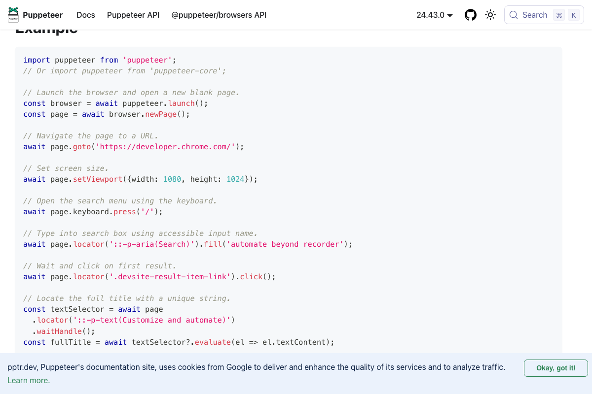 Puppeteer example code — programmatic page navigation and element interaction via DevTools Protocol