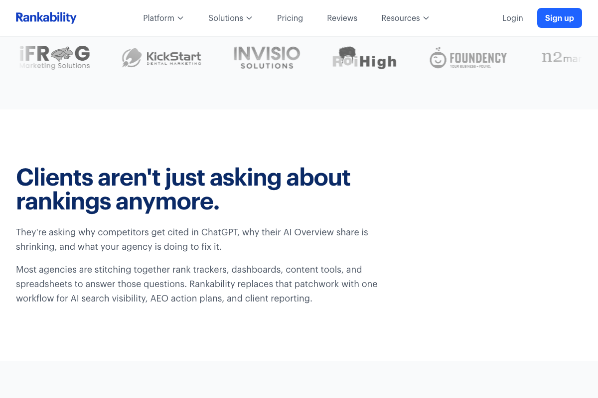 Rankability agency social proof section, highlighting AI Overview and ChatGPT citation tracking as the core client demands the product addresses.