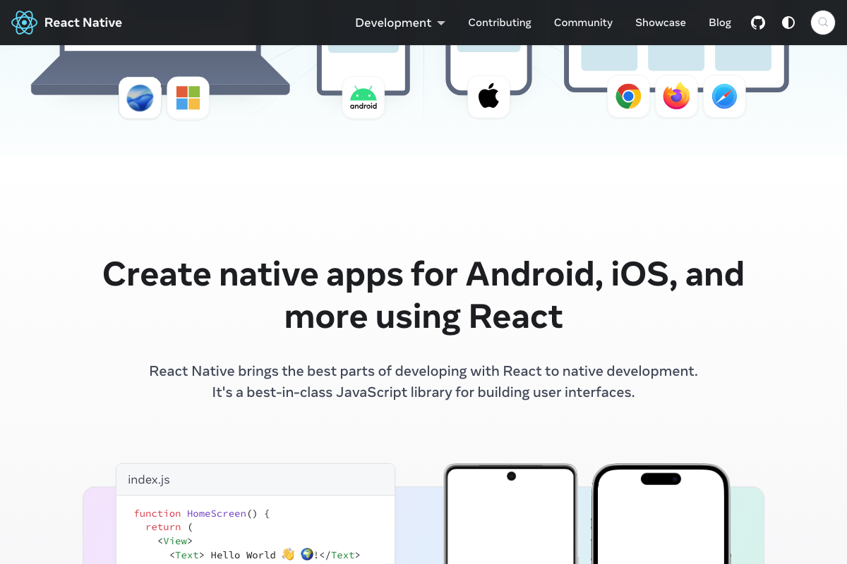 React Native HomeScreen code example using View and Text components, with side-by-side iOS and Android device previews.