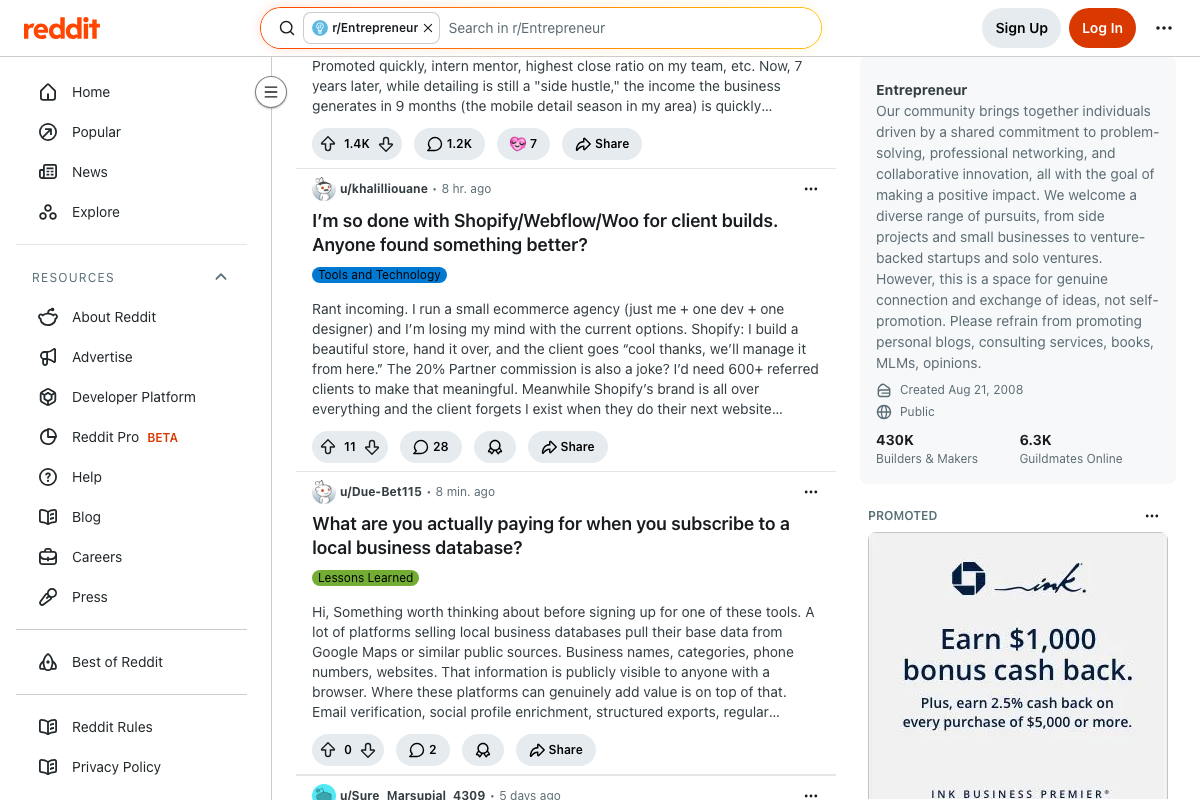 r/Entrepreneur live feed showing active posts with flair tags (Tools and Technology, Lessons Learned) indicating topical discussion areas.