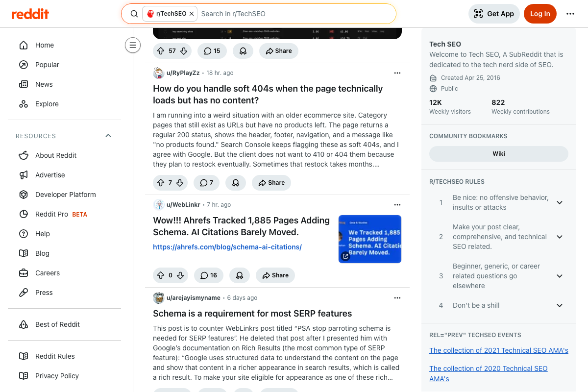 r/TechSEO feed showing an Ahrefs study: 1,885 pages added schema; AI citations 'barely moved' — schema's effect on AI citation surfaces is distinct from its effect on traditional rich results.