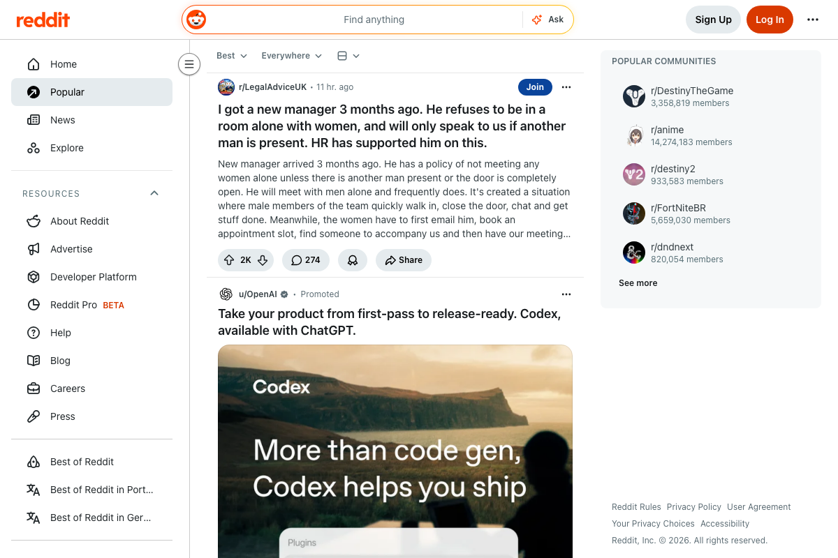 Reddit homepage showing the