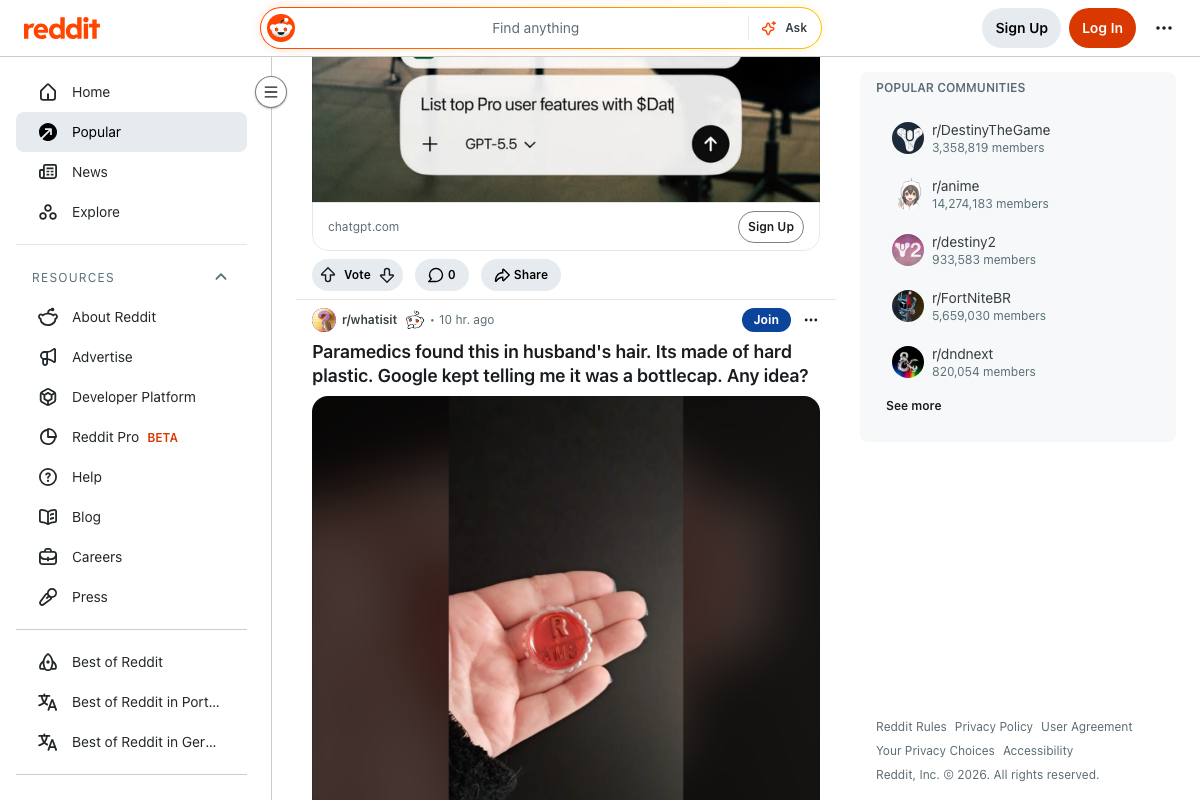 Reddit Popular feed showing an image-based promoted post from u/OpenAI among organic content
