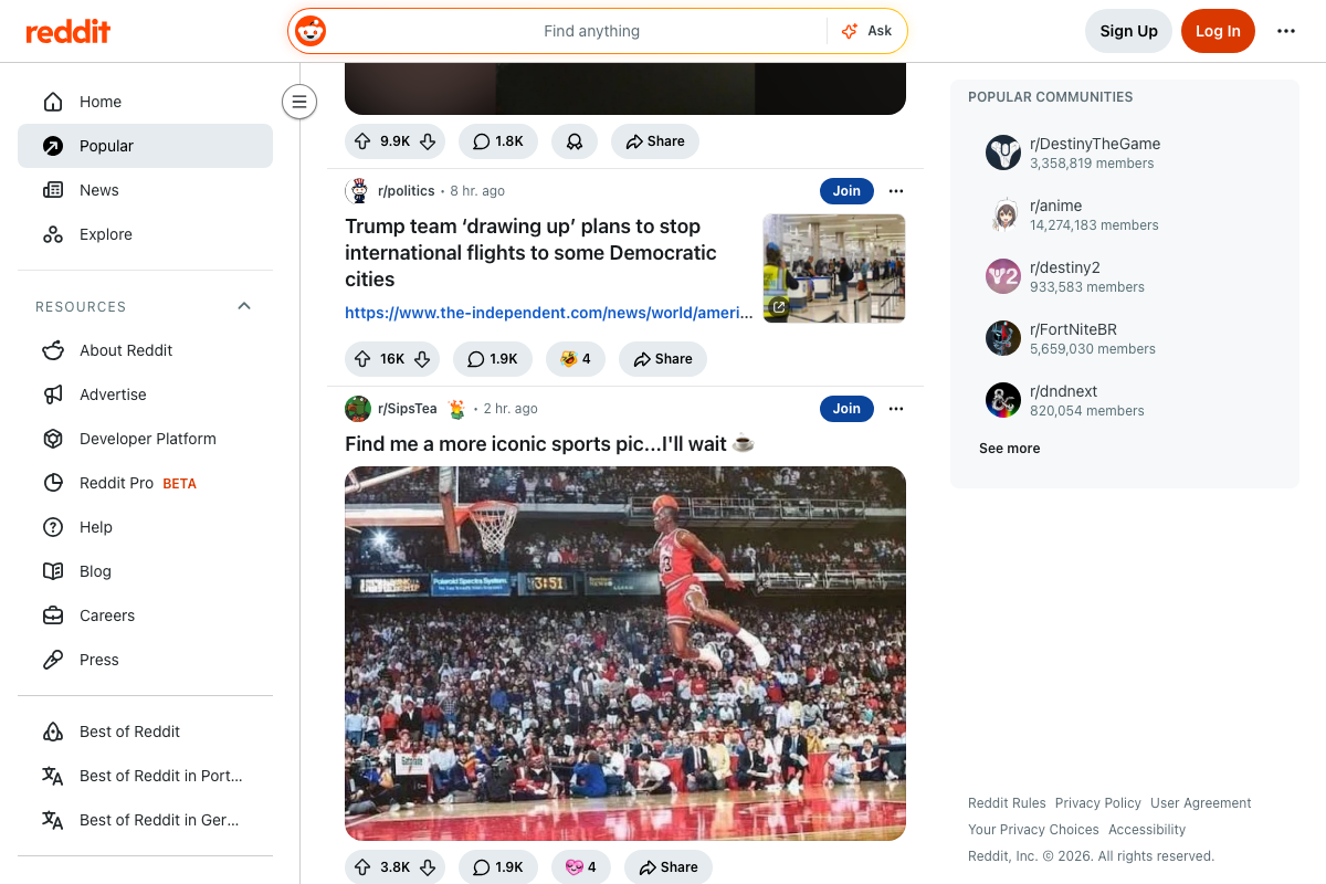 Reddit Popular feed showing image posts and external link posts from r/SipsTea and r/politics