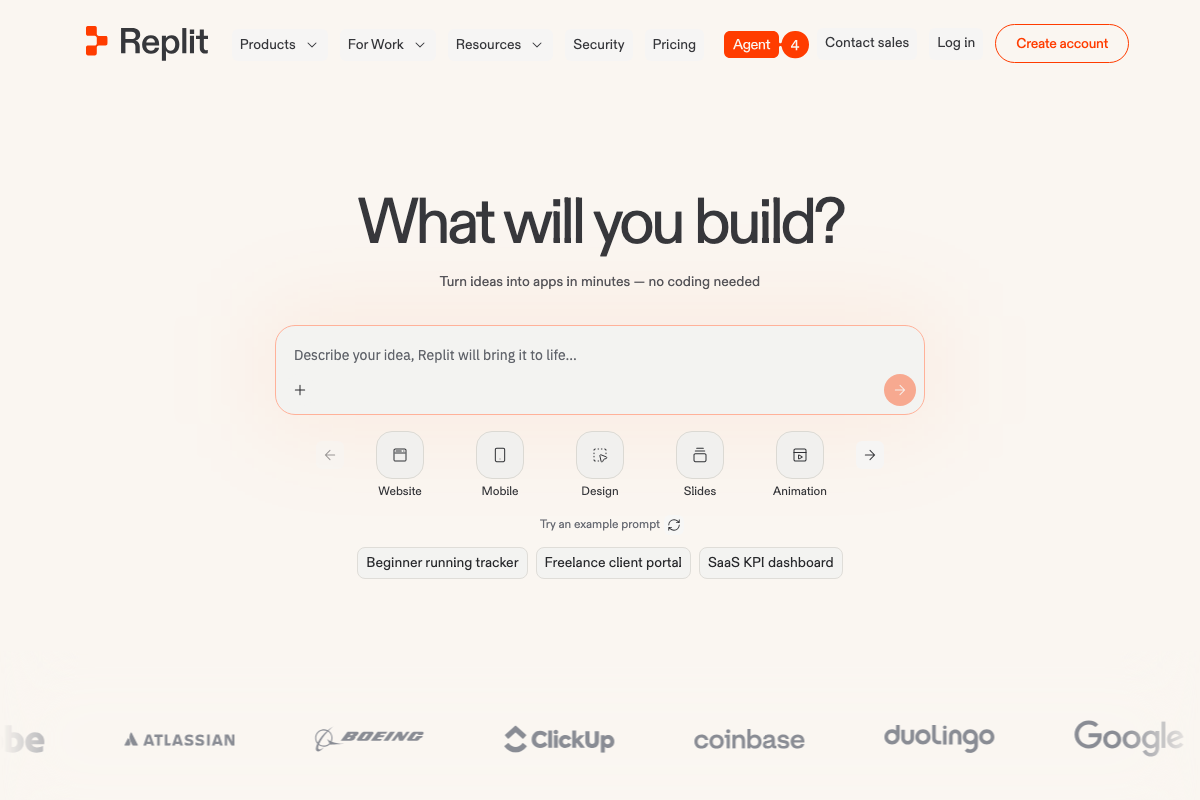 Replit's current homepage showing the AI prompt-builder interface; no 'Import code and design' option is visible at the top level