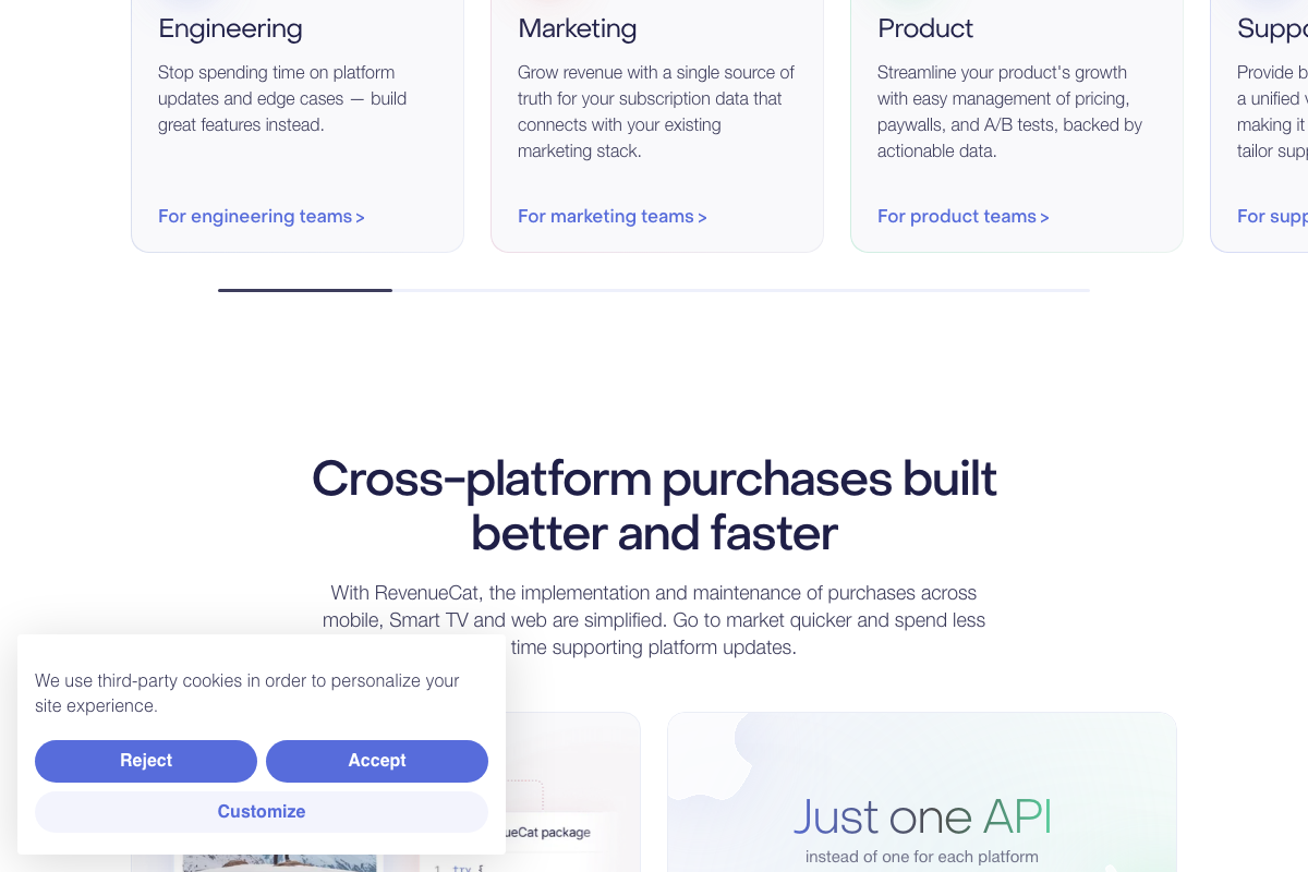 RevenueCat team-use-case cards showing built-in paywall management, A/B testing, and subscription data as a single source of truth.