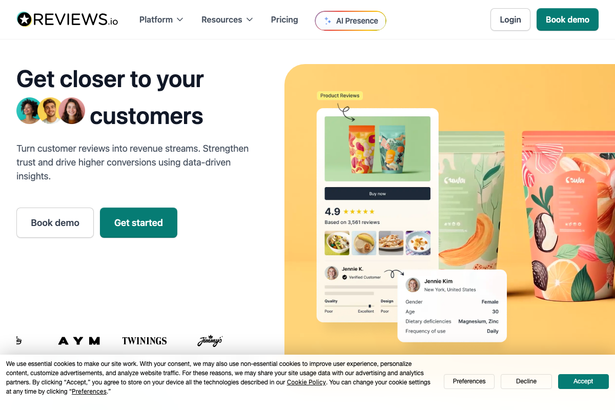 REVIEWS.io homepage showing the 'AI Presence' navigation feature — a dedicated product for AI search visibility not mentioned in the tutorial.