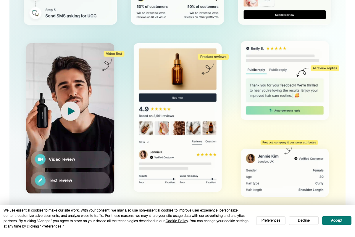 REVIEWS.io showing split-routing invite configuration and 'Video first' review collection options.
