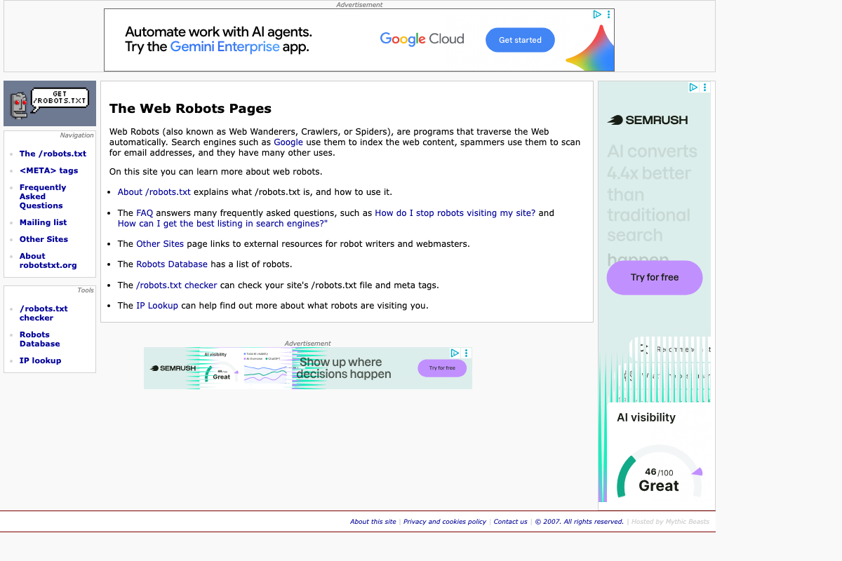 robotstxt.org confirming robots.txt as a real crawler-control standard — the mechanism cats.txt's spec required implementers to leave unblocked