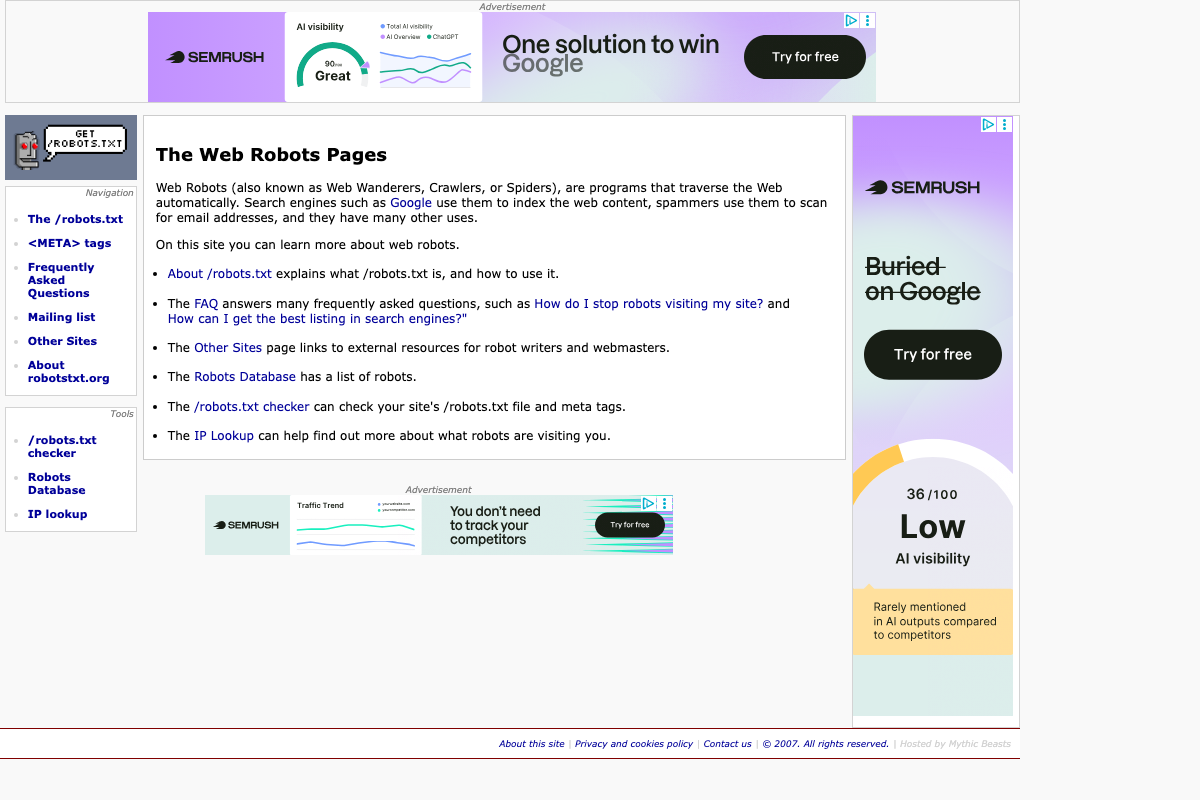 robotstxt.org homepage confirming robots.txt as the standard crawler access control mechanism, with links to /robots.txt checker and Robots Database tools