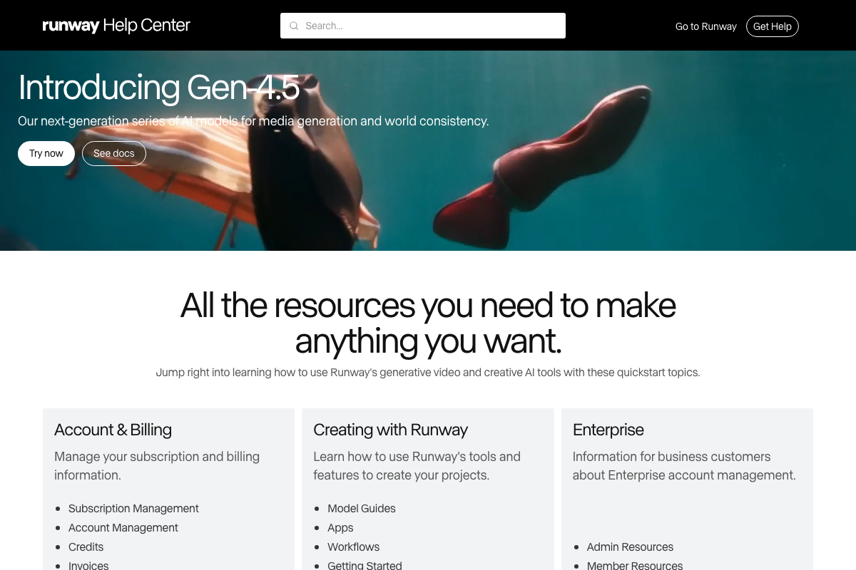 Runway Help Center homepage announcing Gen-4.5 as the current flagship model series