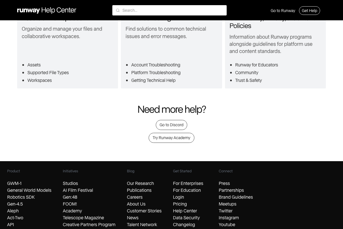 Runway Help Center listing Supported File Types and Workspaces documentation under Assets