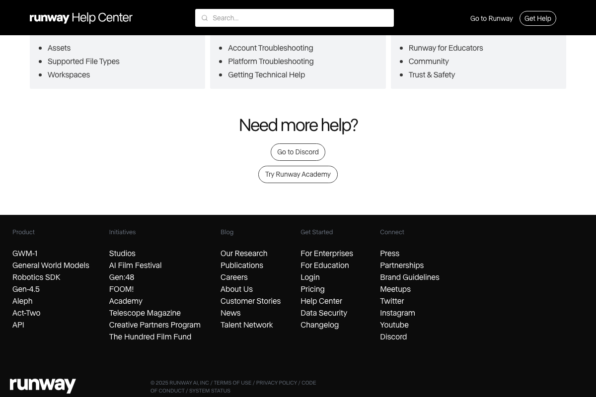 Runway Help Center footer confirming Gen-3 is absent from Runway's current promoted product lineup