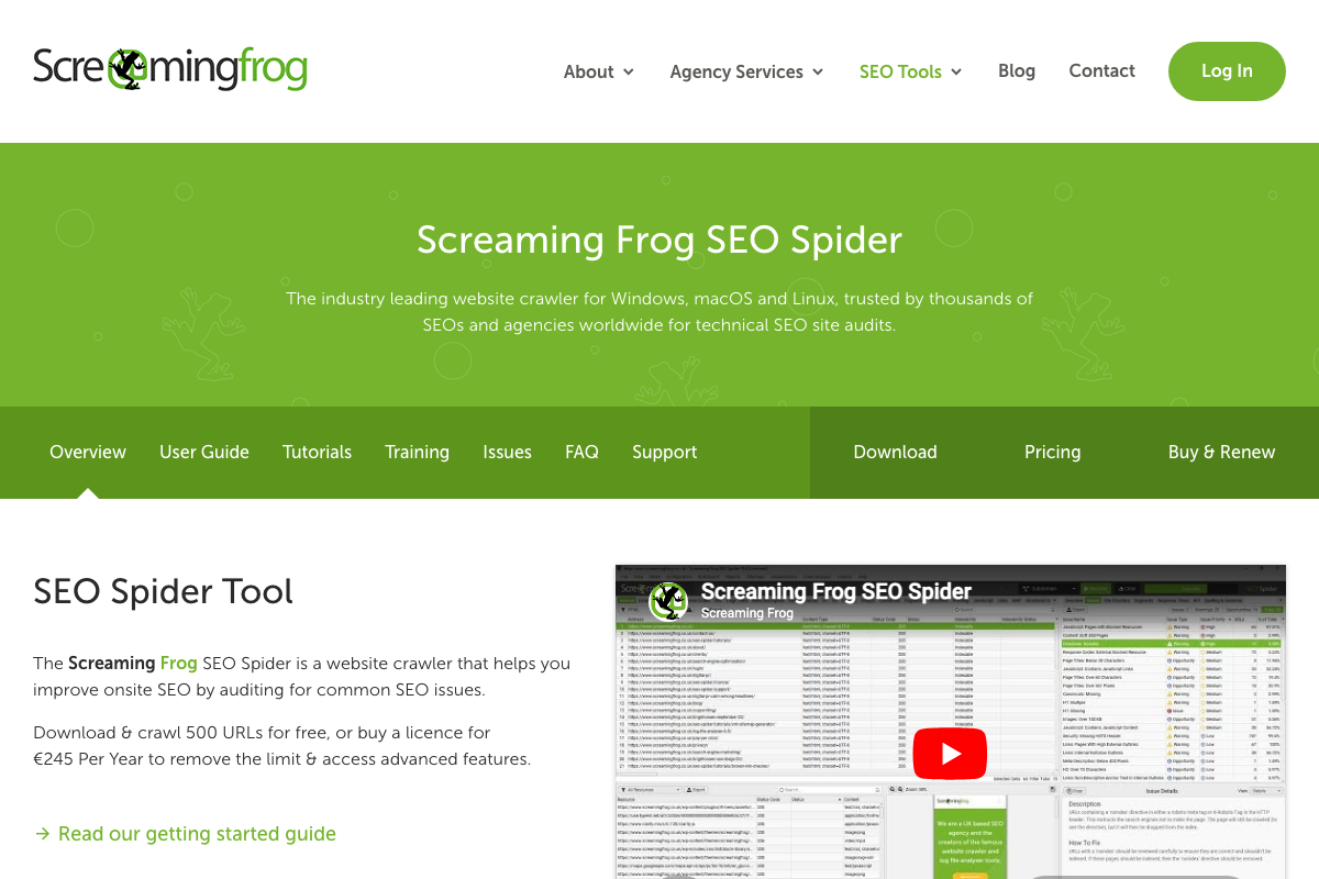 Screaming Frog product page — 500 URL free-tier crawl limit and paid licence pricing confirmed