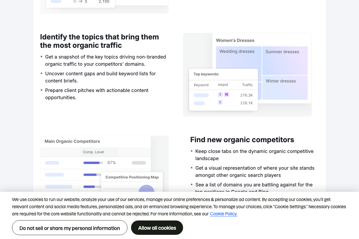 Semrush Organic Rankings showing a topic cluster visualization with keyword intent and traffic data — a parallel clustering concept from a separate Semrush tool