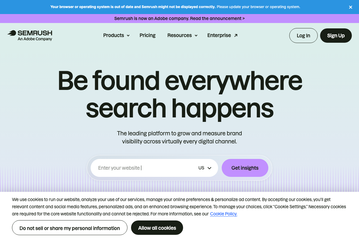 Semrush homepage showing the domain entry field and an 'An Adobe Company' branding banner indicating a corporate acquisition.