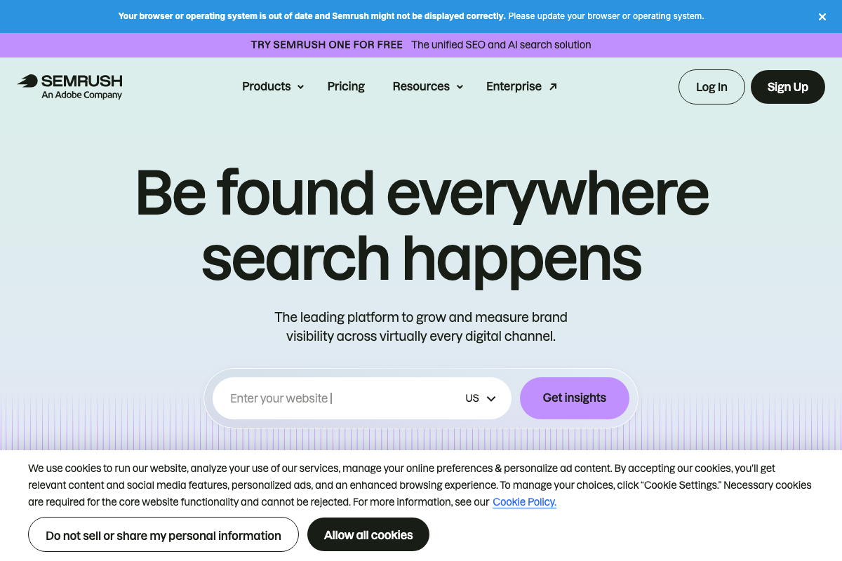 Semrush homepage showing current Adobe Company branding with Log In and Sign Up entry points