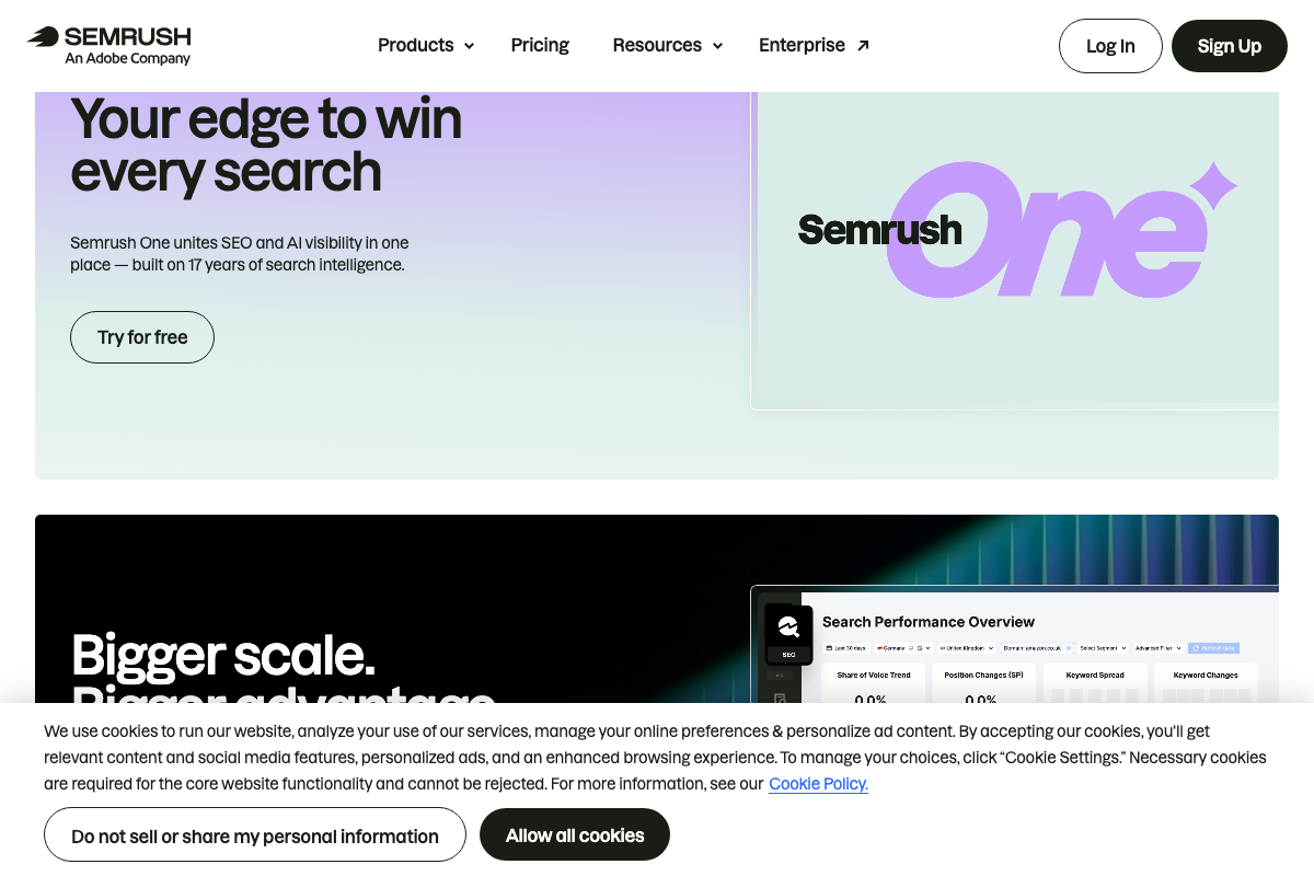 Semrush One product page showing the combined SEO and AI visibility platform with a Search Performance Overview panel visible in the lower right.