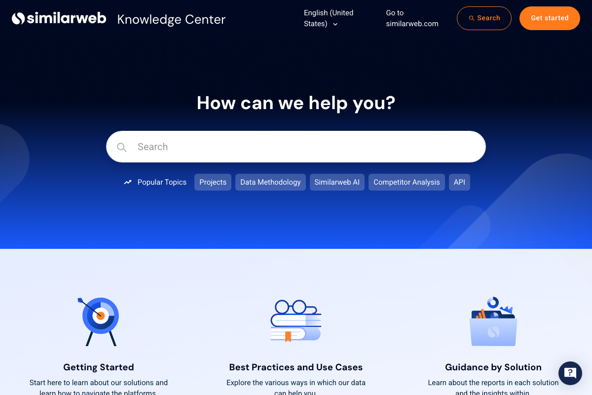 Similarweb Knowledge Center homepage confirming 'Competitor Analysis' as a documented product feature category.