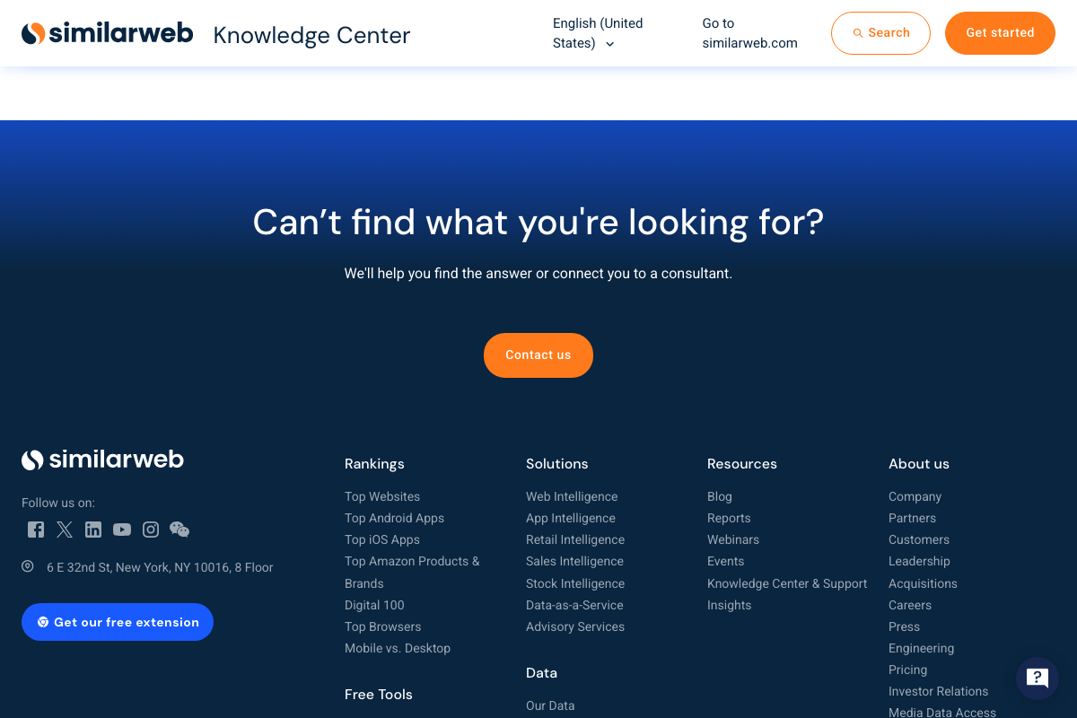 Similarweb Knowledge Center footer showing full product suite and free tools offering, including a free browser extension.