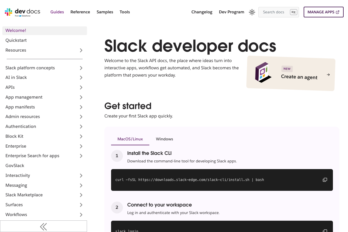 Slack developer docs — confirms Slack's API is active and notes a newly launched 'Create an agent' feature; no Cowork connector UI is shown.