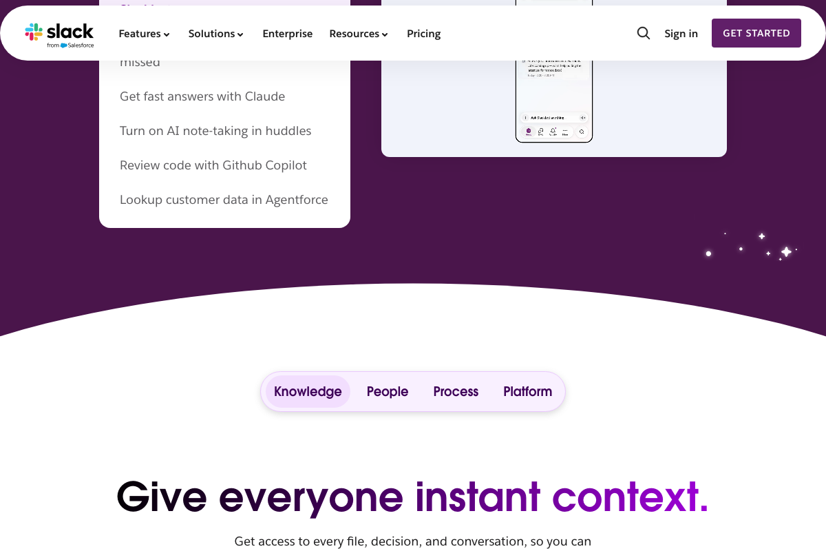 Slack homepage (slack.com, May 2026) listing AI integrations organized under Knowledge, People, Process, and Platform pillars.