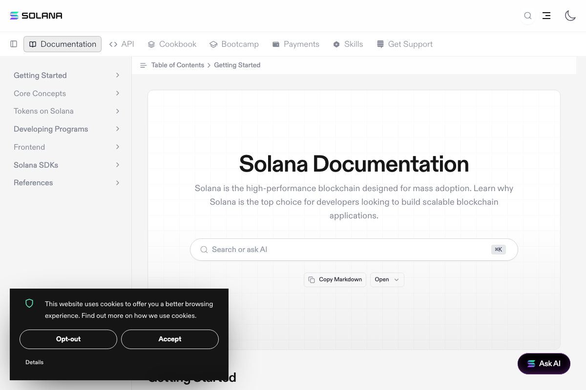 Solana documentation landing page confirming Solana as a high-performance blockchain with documented support for tokens, transactions, and developer tooling.