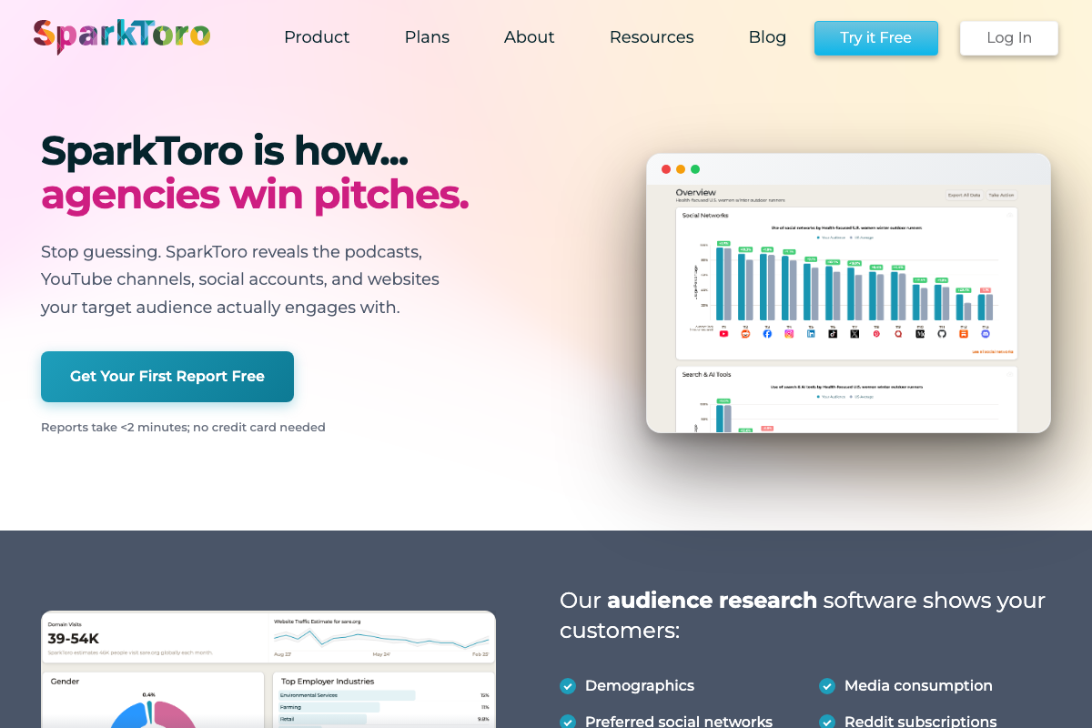 SparkToro homepage confirming audience research capabilities including podcasts, YouTube channels, social accounts, demographics, and media consumption data.