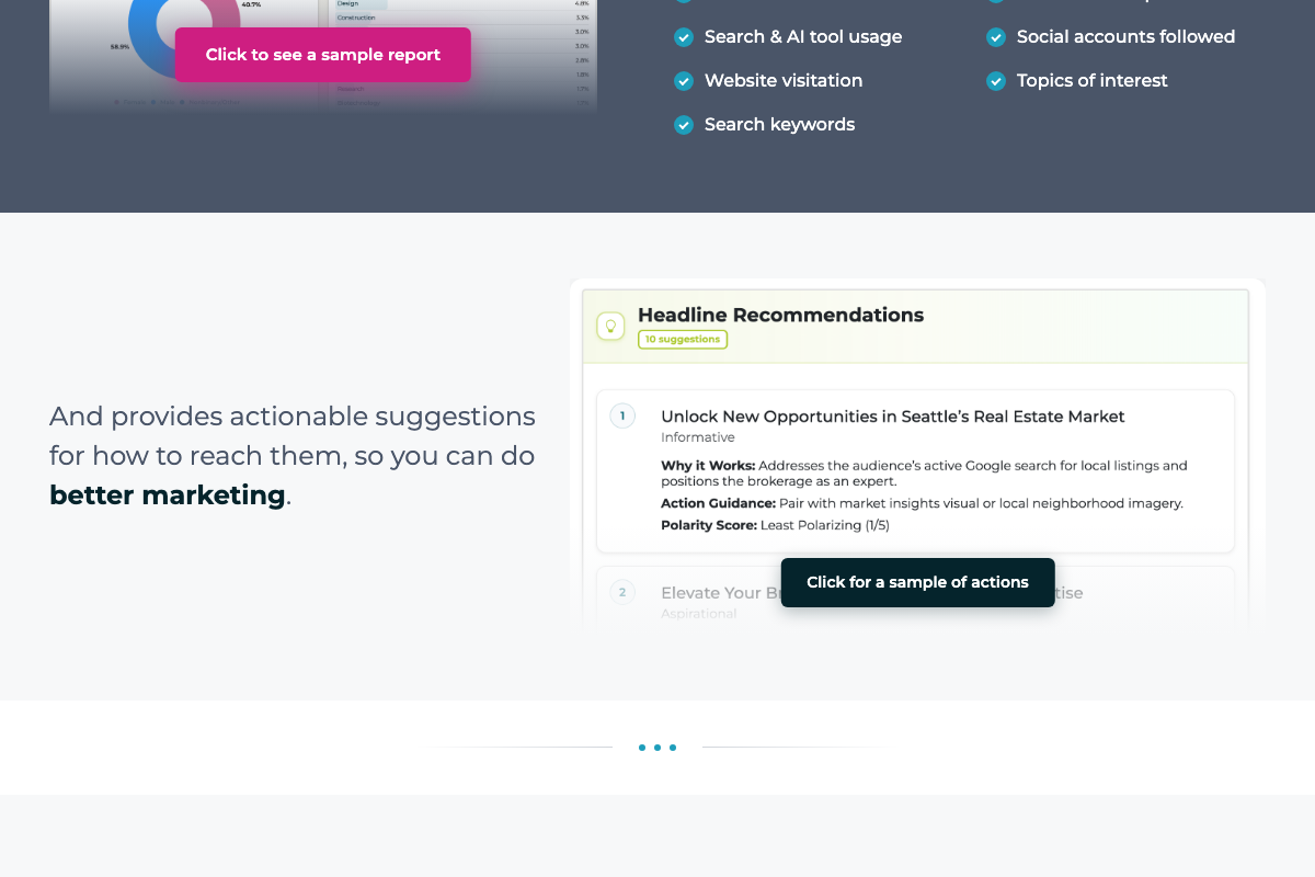 SparkToro homepage listing audience data dimensions and showing the Headline Recommendations panel with Polarity Scores — a feature not referenced in the tutorial.