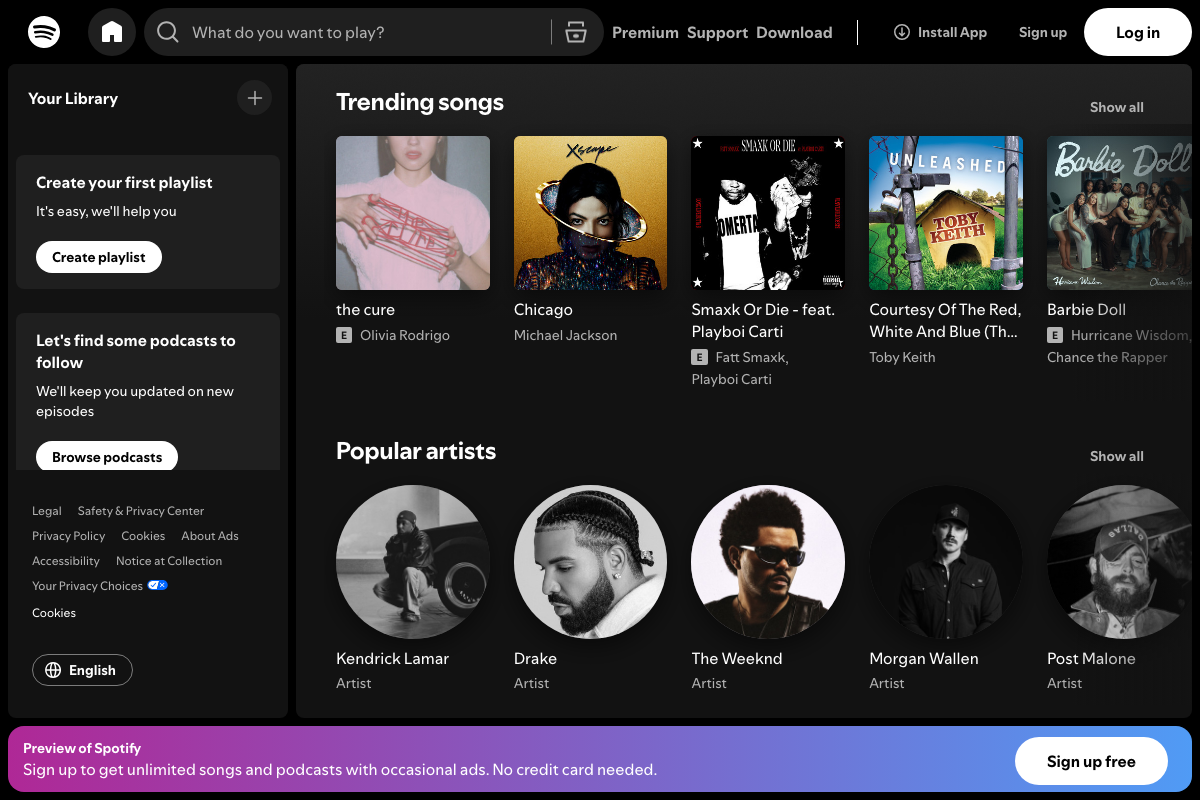 Spotify web player homepage showing 'Browse podcasts' in the left sidebar alongside a music-dominant home feed