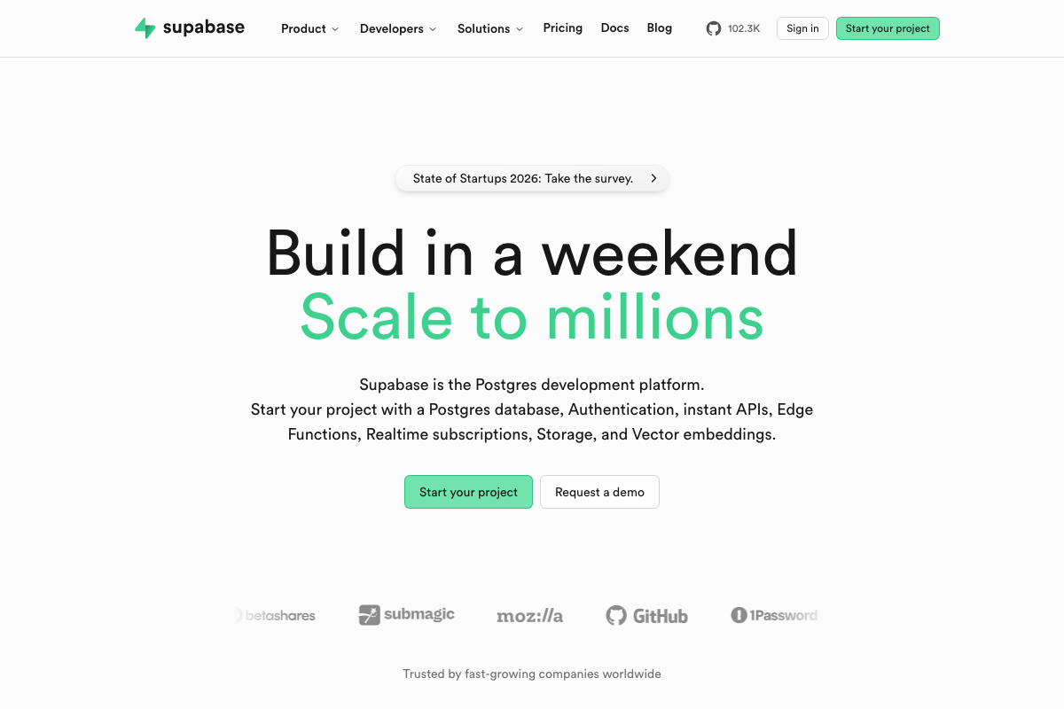 Supabase homepage confirming it is a Postgres development platform — no Codex plugin documentation is present