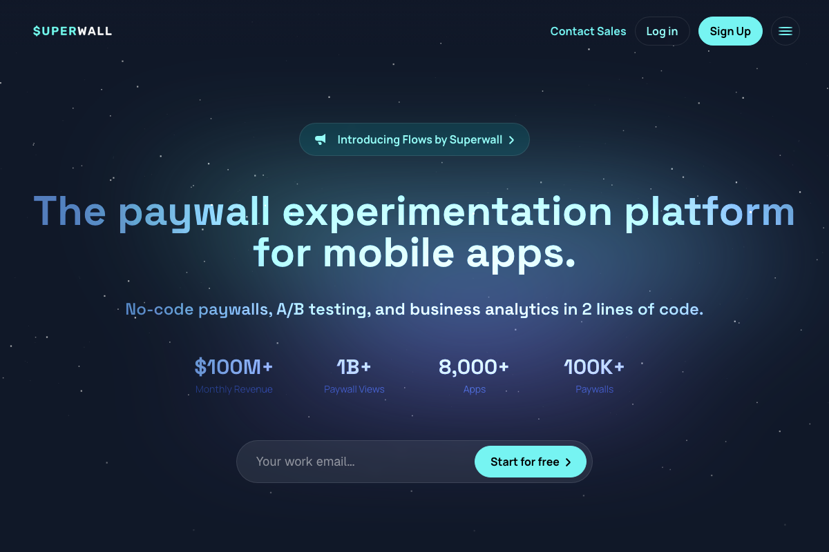 Superwall homepage confirming its identity as a paywall experimentation platform with no-code A/B testing for mobile apps.