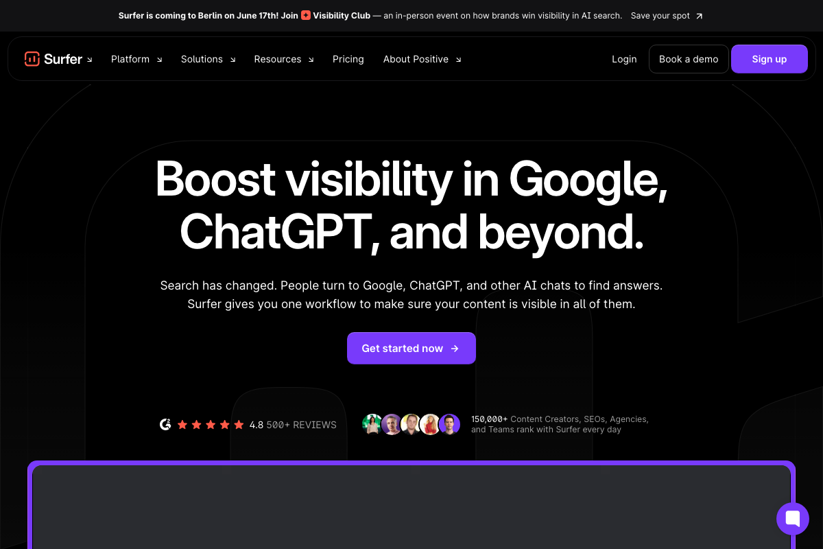 Surfer's homepage headline and tagline confirming the product tracks content visibility across Google, ChatGPT, and additional AI search channels.