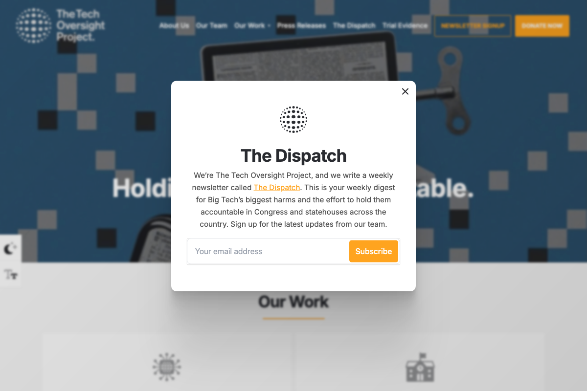 The Tech Oversight Project homepage (techoversight.org) — a Big Tech accountability organization, not the
