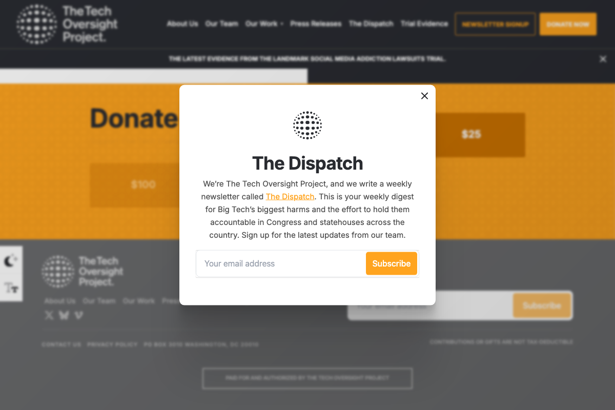 Tech Oversight Project footer showing political committee disclosure language and Washington, DC address. Structurally similar to a PAC in its legal form, but a separate and ideologically opposite organization from those named in the tutorial.