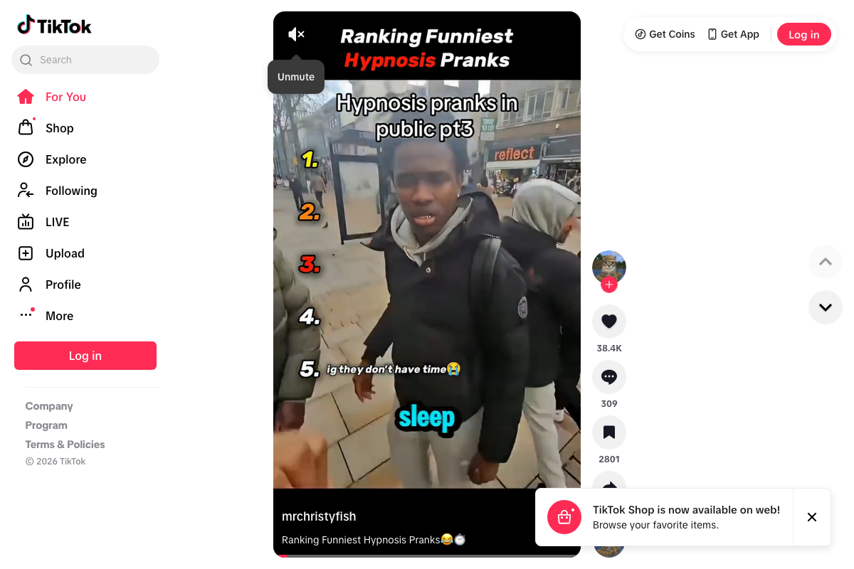 TikTok For You page (tiktok.com) — TikTok's algorithmic discovery feed, now with TikTok Shop integrated as a persistent web feature