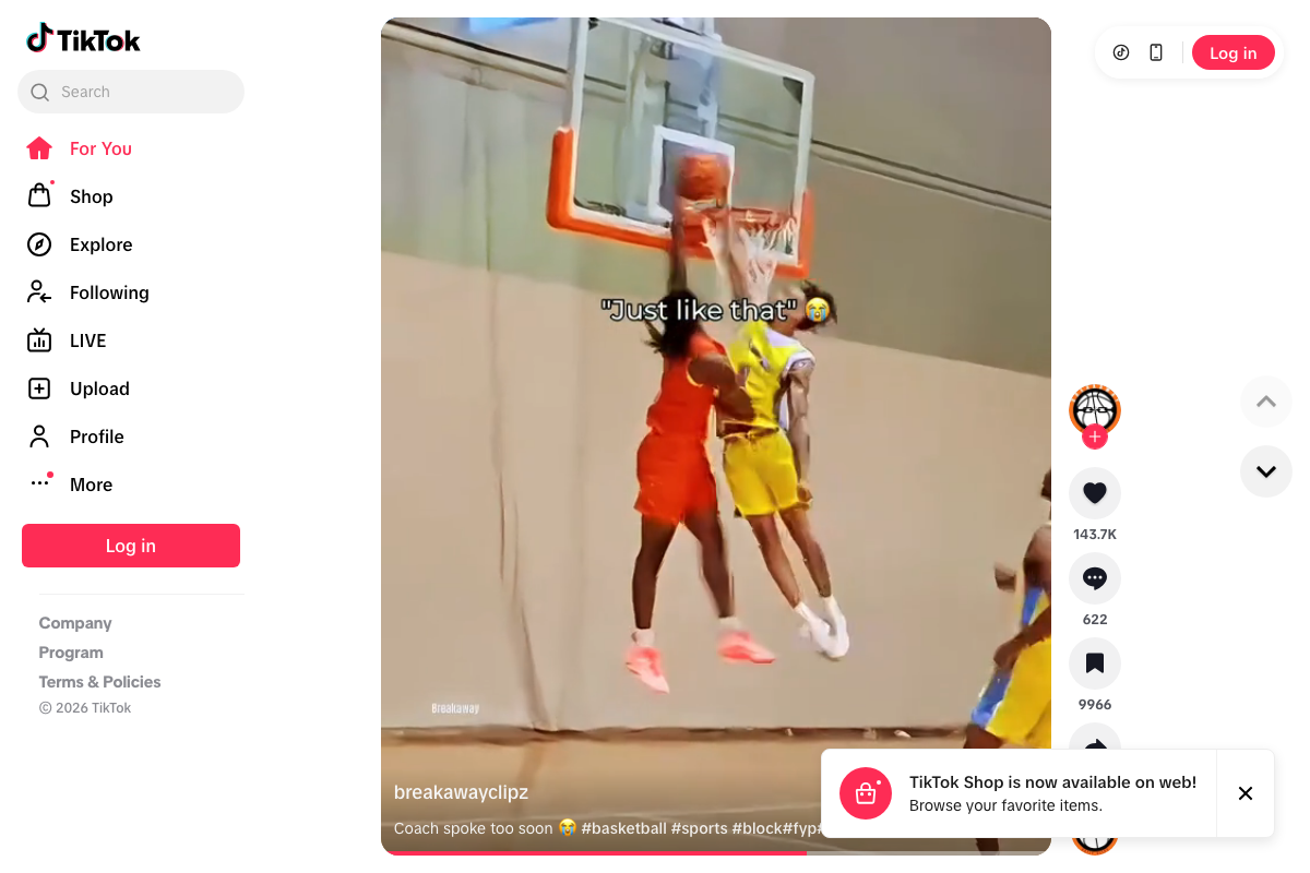 TikTok.com 'For You' feed showing Shop, LIVE, Upload, and TikTok Shop web availability banner