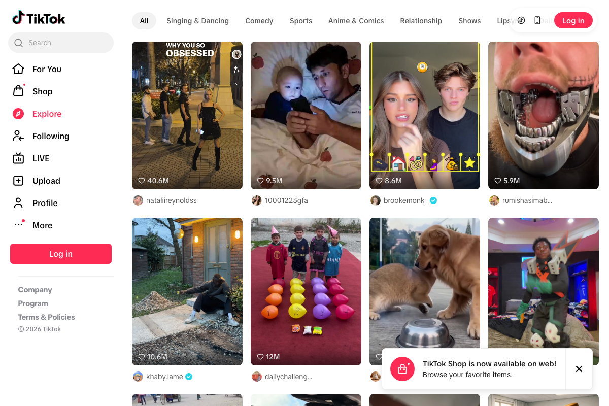 TikTok Explore page showing trending videos with up to 40.6M likes, confirming the platform's active discovery feed.